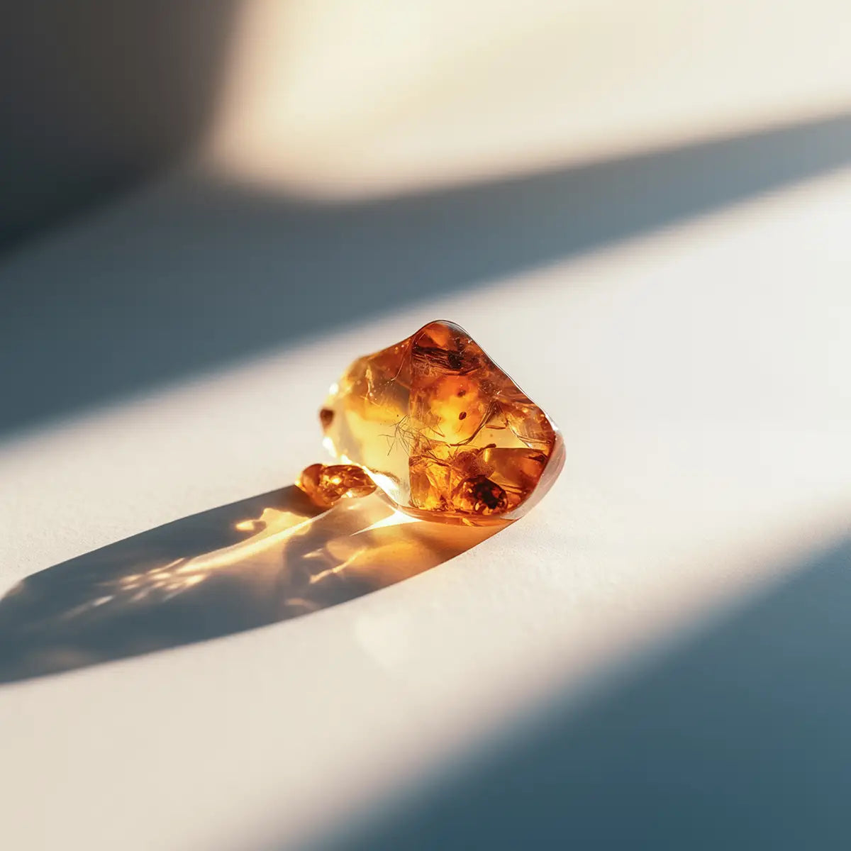 en vacker bärnsten på en slät yta med solstrålar som lyser genom stenen