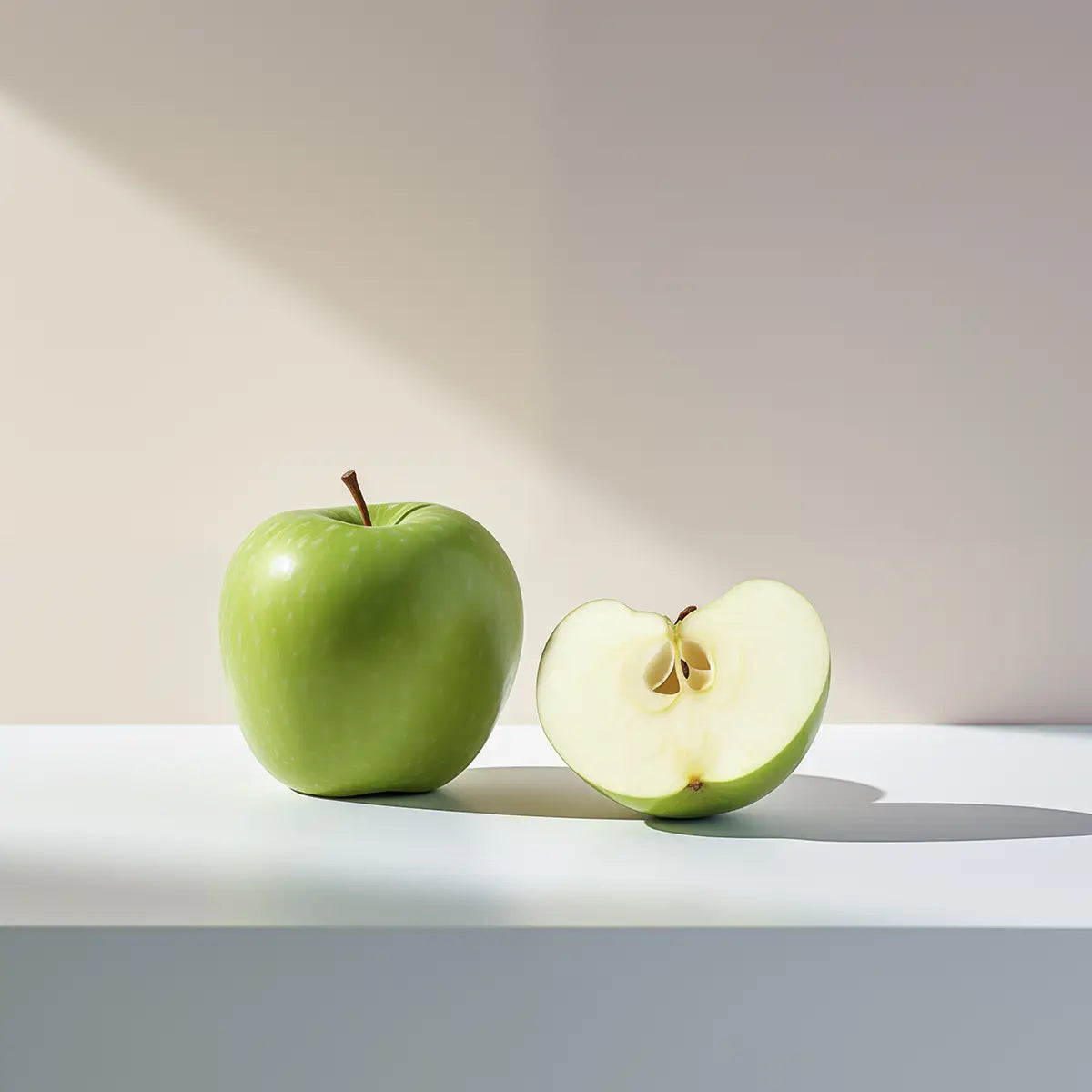 grönt äpple med en halva grönt äpple bredvid