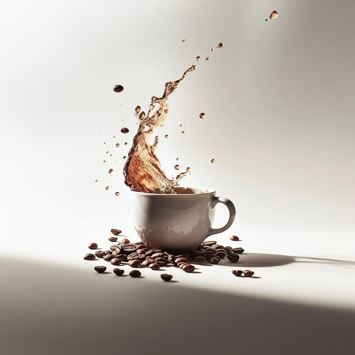 en kopp kaffe bland kaffebönor med kaffe som skvätter ur koppen