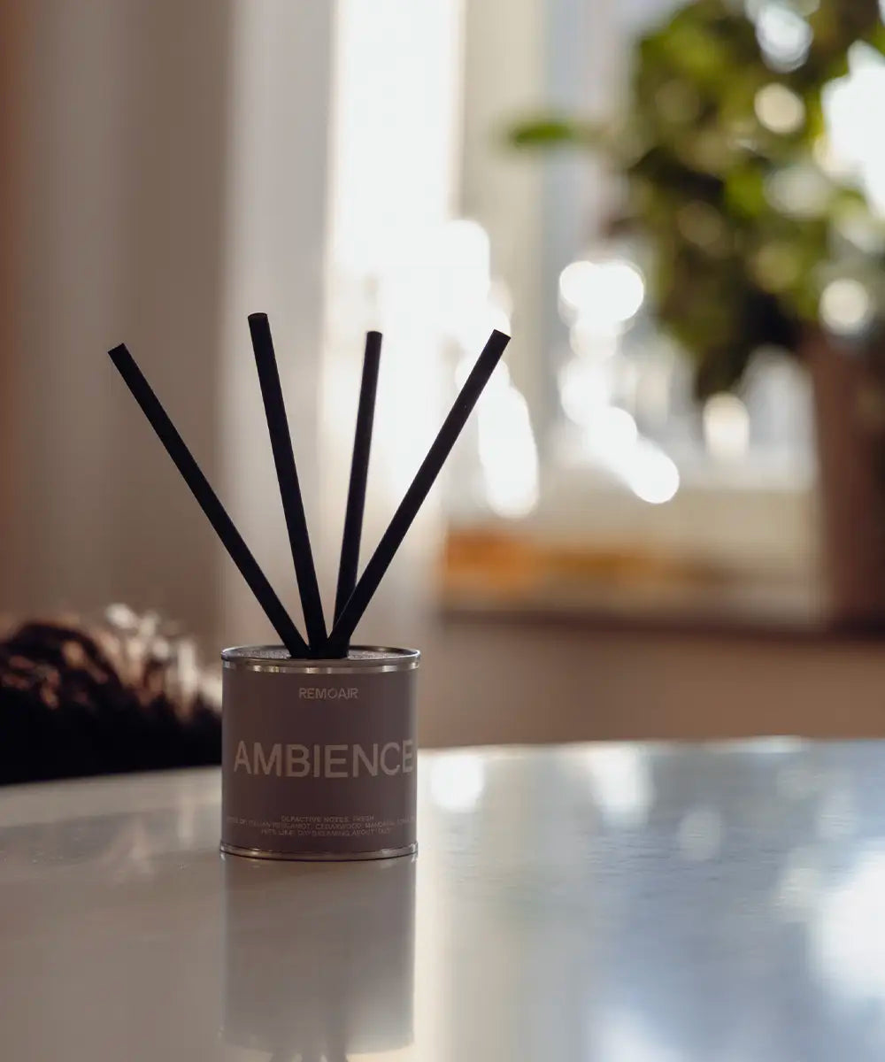 Miljövänliga doftstickor Ambience tillverkat i Sverige, placerat som en stilren inredningsdetalj.
