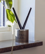 Exklusiv doftdetalj Astral Buds med svart lock och korta lyxiga stickor i ett stilfullt hem