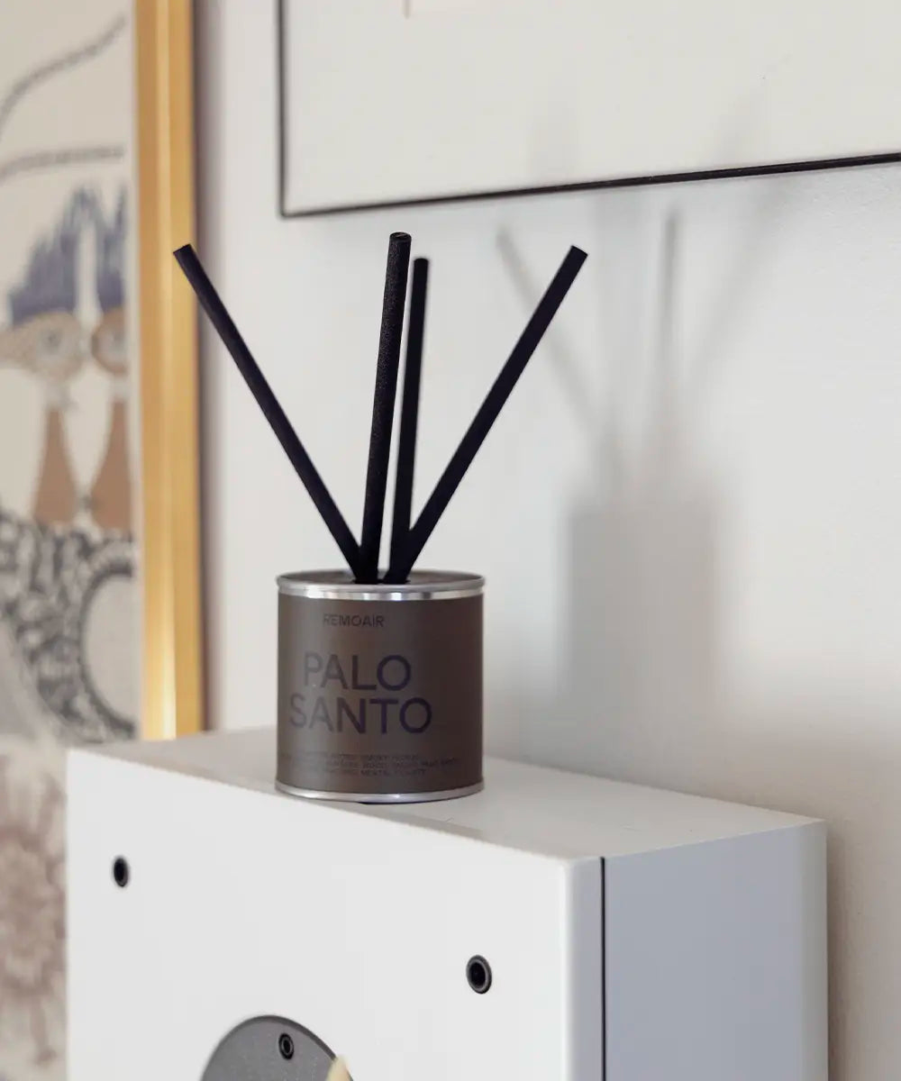 Palo Santo doftspridare med korta svarta stickor i en minimalistisk skandinavisk inredning.