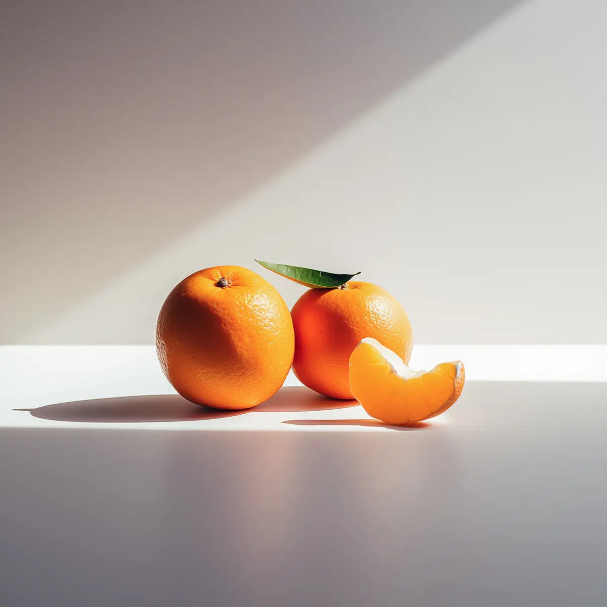 två mandariner och en klyfta mandarin på en vit yta i strålande sol